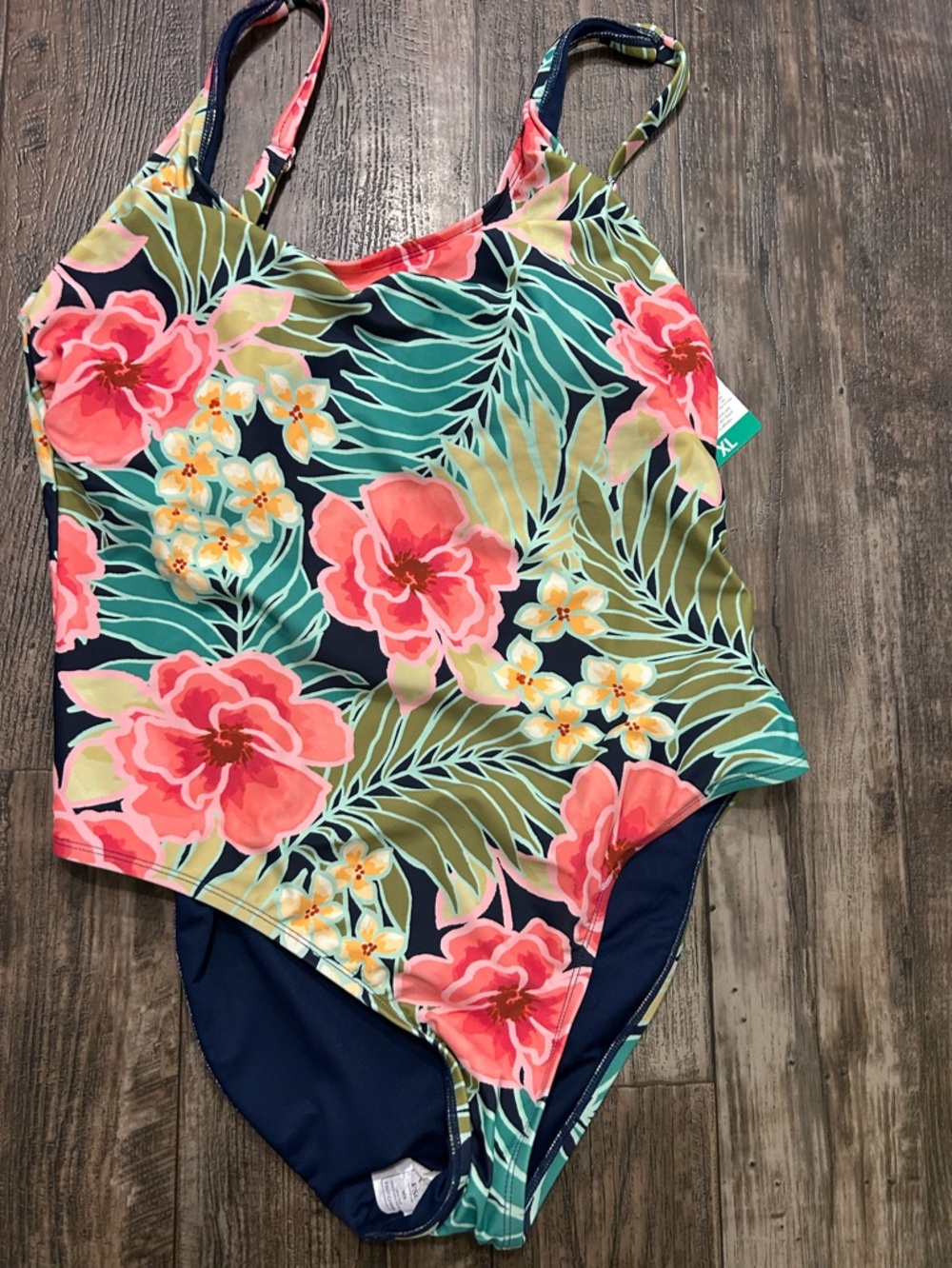 NWT Women’s XL Tropical Floral One Piece Swimsuit Cutout Back Navy Pink Green